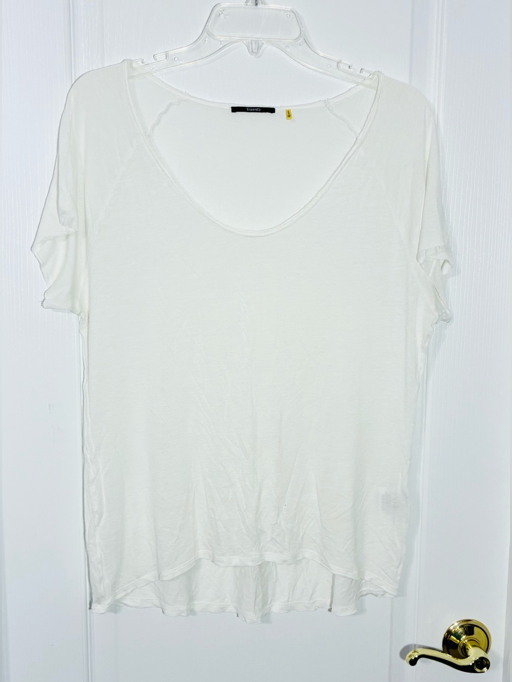 Tahari LINEN Blend Scoop Neck High Low Short Sleeve Top White Size Medium